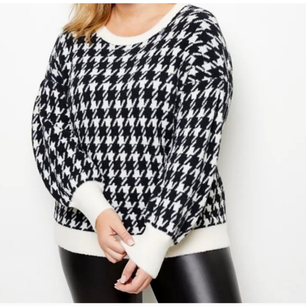 LOFT Black Ivory Houndstooth Sweater Balloon Sleeves Soft Size‎ Medium
